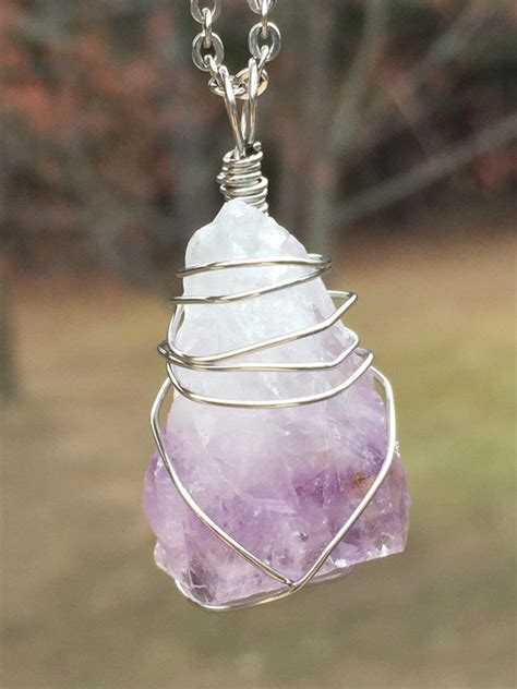 Raw Amethyst L Stainless Steel Wire Wrapped Healing Stone Pendant