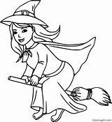 Witch Coloring Broom Flying Pretty sketch template