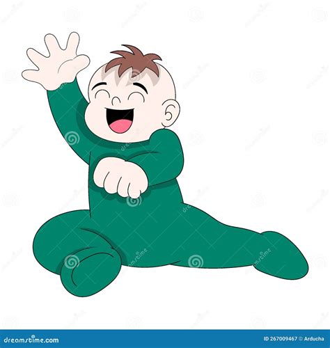Baby Boy Is Sitting Happily Laughing Happily Waving Hand Greeting Stock