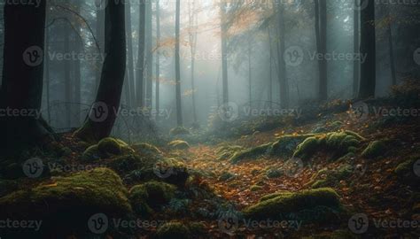 Mysterious Autumn Forest Tranquil Scene Vibrant Colors Generated By