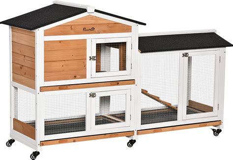 Pawhut Two Tier Rabbit Hutch Outdoor And Run Wooden Mobile Guinea Pig