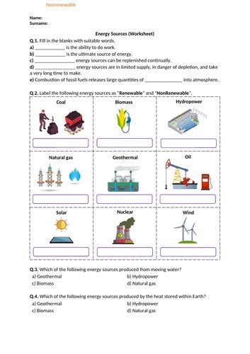 Sources Of Energy Worksheet