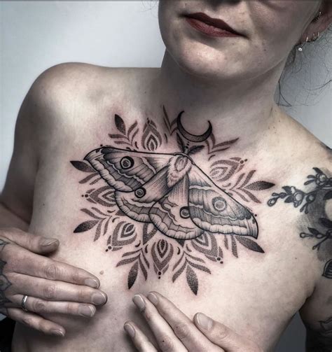 Dotwork mandala chest tattoo / moth chest tattoo | Mandala chest tattoo, Tattoos, Chest tattoo