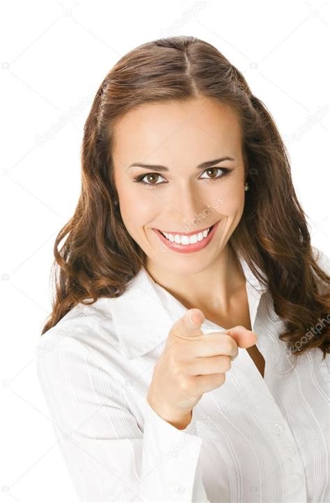 Portrait Of Young Happy Smiling Business Woman Pointing Finger At