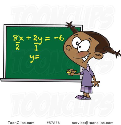 Cartoon Smart Black School Girl Solfing A Math Equation On A Chalk