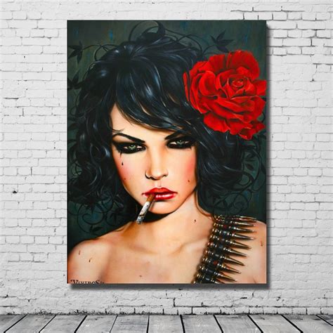 Abstract Handpainted Oil Painting On Canvas Smoking Red Lip Nude Girl
