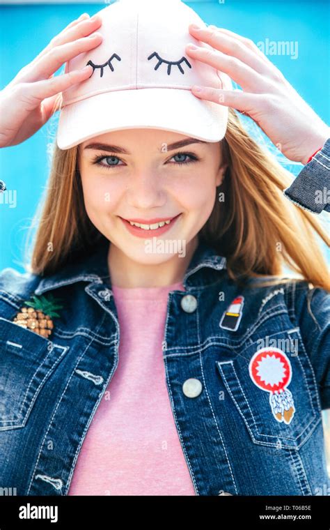 Portrait Closeup Beautiful Smiling Teenager Girl In Hat And Denim