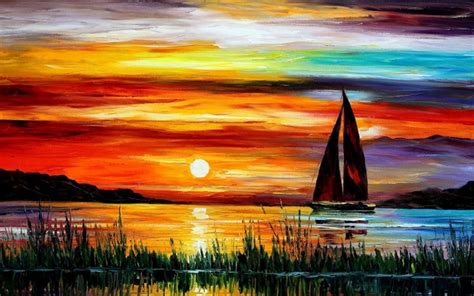 Painting Sunset Sea Boat Hd Wallpaper Free High
