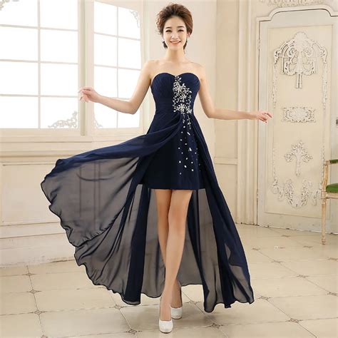 Short Front Long Back Evening Dresses 2017 Navy Blue High Low Crystal Special Occasion Dress
