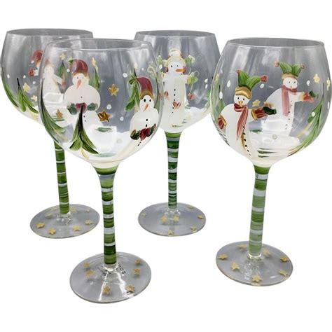 Set Of 4 Vintage Hand Painted Christmas Holidays Wine Glasses With Snowmen