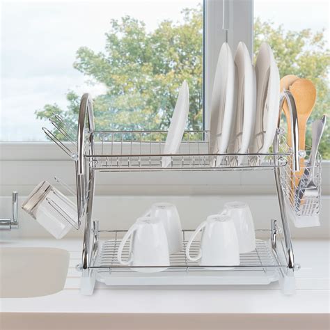 Chrome Dish Drying Rack Â 2 Tiered With Cup And Utensil Holders By