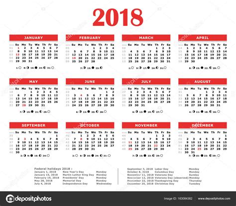 2018 Red Yearly Calendar Federal Holidays Moon And Numbers Of Weeks