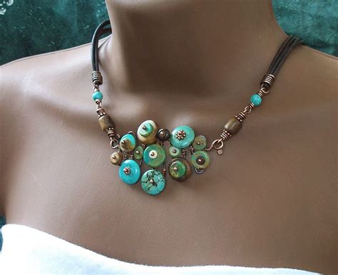 Turquoise Buttons Necklace Necklace Button Necklace Beaded Necklace