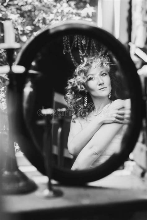 Reflection Of Beautiful Woman In The Mirror BW Shot Stock Image Image Of Natural Pose