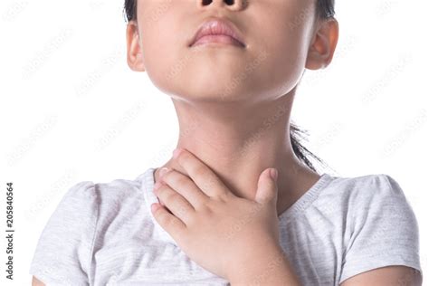 Little Girl With Sore Throat Touching Her Necksore Throat Sicklittle