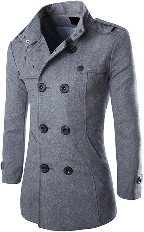 Generic Mens Stand Collar Double Breasted Slim Woolen Trench Coat Grey