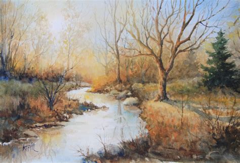 Fall River Watercolor Landscape Painting Woodland Landscape