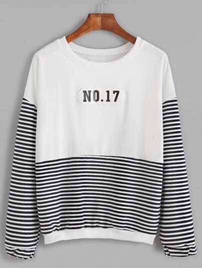 Stripe Block Number Patch Sweatshirt Sheinsheinside