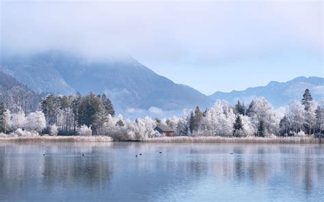 Download Wallpaper 3840x2400 Lake House Trees Mountains Winter 4k