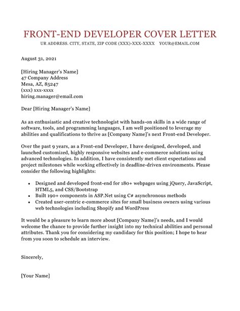 See our sample front end developer cover letter. Front End Developer Cover Letter Sample | Resume Genius