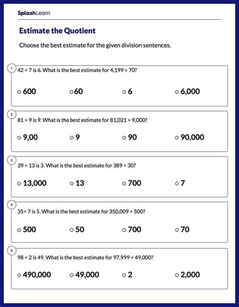 Estimate Quotients Of Whole Numbers Worksheet