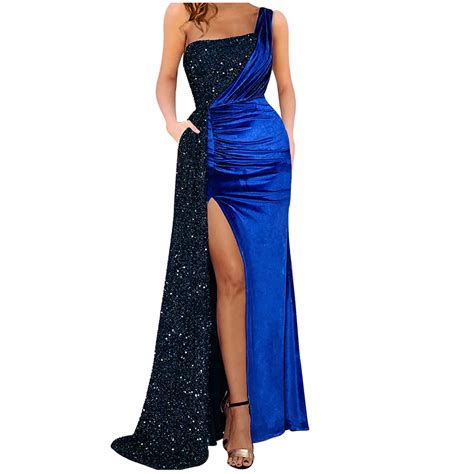 Mianht Womens Dresses Wedding Guest Sexy Sequin Ruched Bodycon Slit One Shoulder Maxi Dresses
