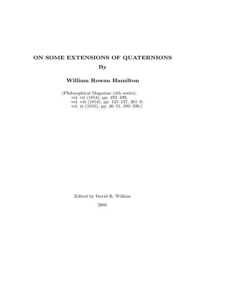 On Some Extensions Of Quaternions By William Rowan Hamilton