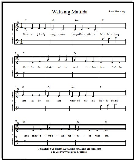 Free sheet music for piano. Free Popular Sheet Music Waltzing Matilda for Beginner Piano Solo or Duets