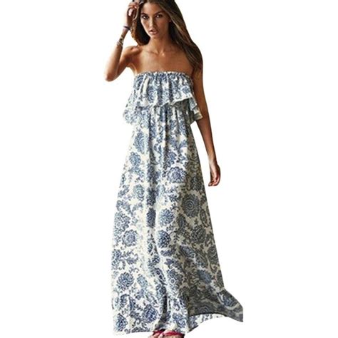 2017 Summer Boho Style Long Dress Women Off Shoulder Beach Summer Dresses Floral Print Vintage