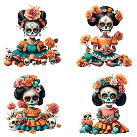 Sugar Skull Girls Png Bundle Png Clip Art Downloadable Digital Art Images Day Of The Dead