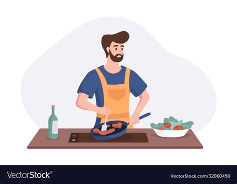 Chef Cooking Dinner At Table In Kitchen Royalty Free Vector