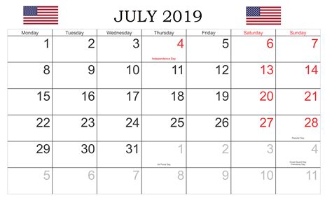 United States Holidays July 2019 Holiday Calendar Printable Federal