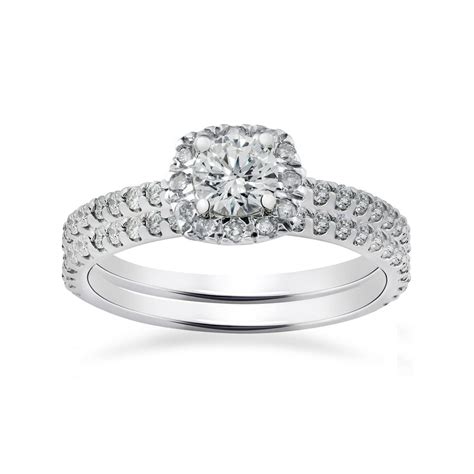 Pompeii3 1ct Cushion Halo Diamond Engagement Wedding Ring Set 14k