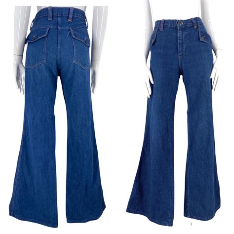 70s Denim Bell Bottom Jeans 30 Vintage 1970s Dark Denim High Rise