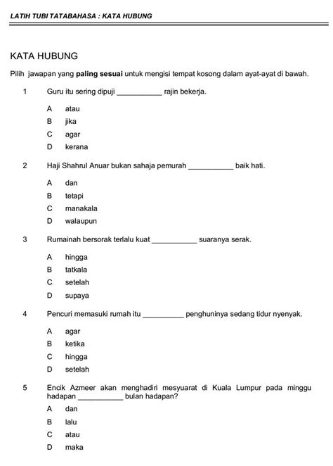 Klik sini untuk mendapatkan contoh soalan ukkm mrsm 2020. 60 Soalan latih Tubi Tatabahasa : KATA HUBUNG | Malay ...
