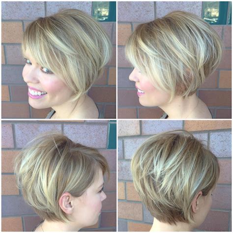 Short Blonde Highlighted Bob With Stacked Layers And Long Side Swept
