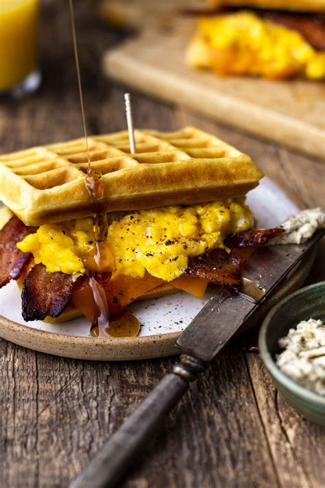 Waffle Breakfast Sandwich With Peppered Maple Bacon Modern Farmhouse Eats