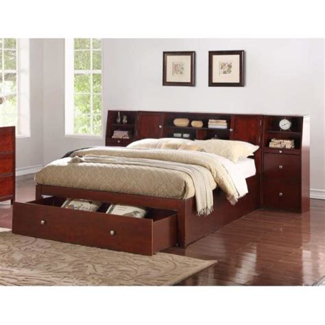 Queen Size Wooden Bed With Spacious Headboard And Under Bed Drawer ...