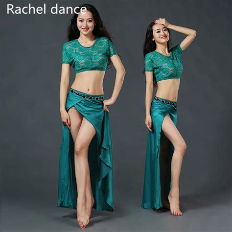 2017 New Lace Short Sleeves Belly Dance Topsatin Split Skirt 2pcs