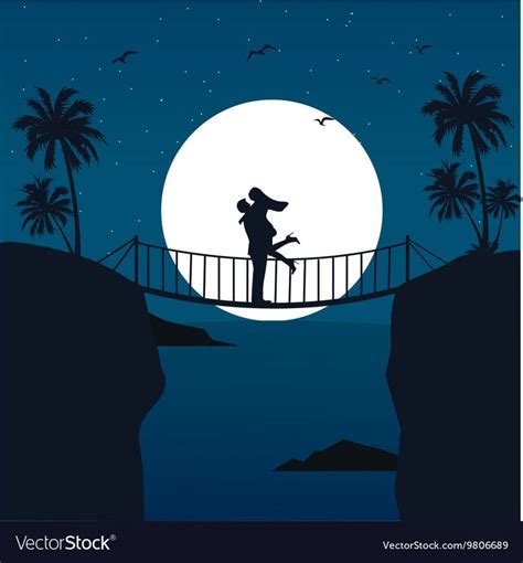 Man Woman Couple Hug Silhouette With Moon In The Background At Bridge