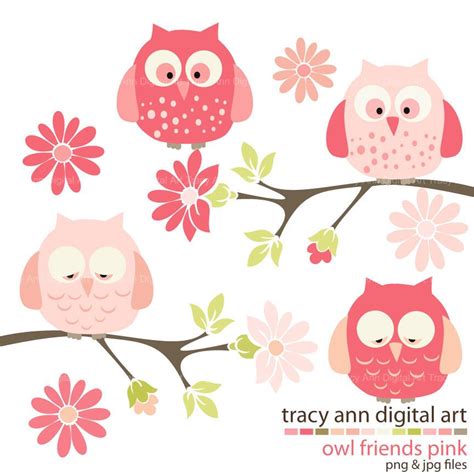 Baby Pink Owl Clip Art Owls On Branches By Tracyanndigitalart