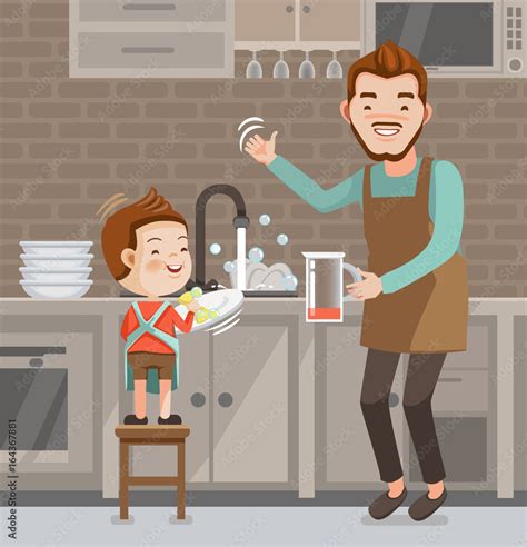 Little Cute Boy Washing Dishes Father And Son Together With Helping