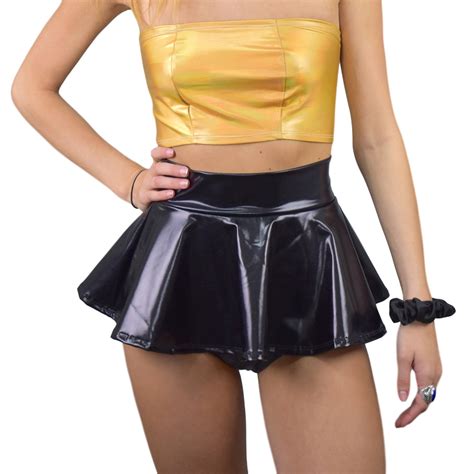 10 Super Mini Black Metallic High Waisted Skater Skirt Etsy