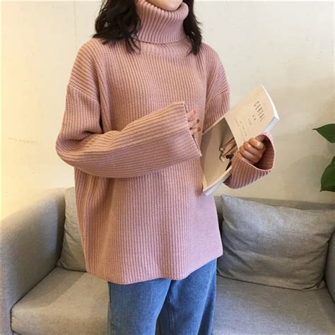 Womens Clothing Cute Kawaii Loose Solid Color Turtleneck Sweater Lady Harajuku Ulzzang Sweaters