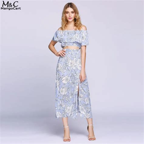 Women Two Piece Skirt Set 2017 Summer Sexy Floral Print Off The Shoulder Crop Top And Long Maxi