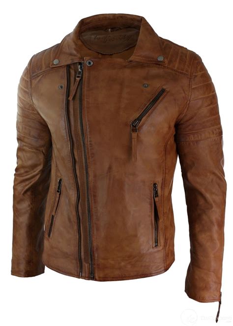 Mens Slim Fit Cross Zip Retro Vintage Brando Real Leather Jacket