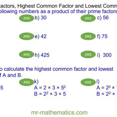 Revising Prime Factors Highest Common Factor And Lowest Common