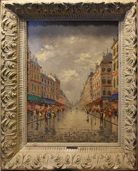 Vintage Oil Painting Of Paris Street Scene People Shopping And