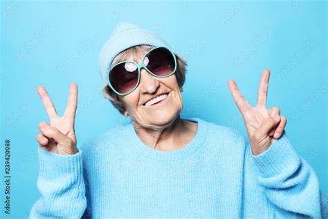 Lifestyle Emotion And People Concept Funny Old Lady Wearing Blue