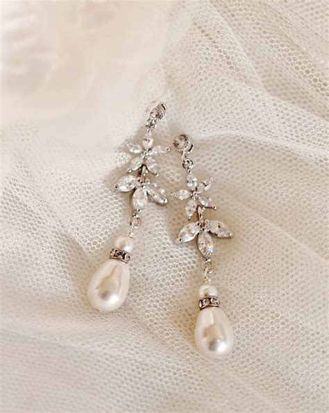 Crystal Flower And Leaf Drop Pearl Bridal Earringsfall Wedding